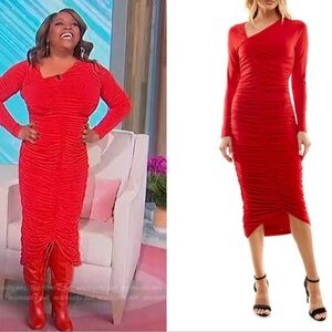 Socialite Red Ruched Long-Sleeve Midi Dress